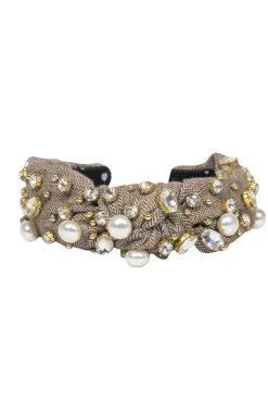Lele Sadoughi - Brown Tweed Top Knot Headband Embellished w/ Rhinestones & Pearls
