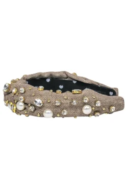 Lele Sadoughi - Brown Tweed Top Knot Headband Embellished w/ Rhinestones & Pearls