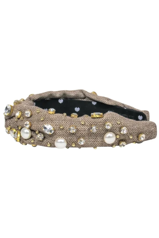 Lele Sadoughi - Brown Tweed Top Knot Headband Embellished w/ Rhinestones & Pearls