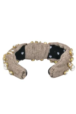 Lele Sadoughi - Brown Tweed Top Knot Headband Embellished w/ Rhinestones & Pearls