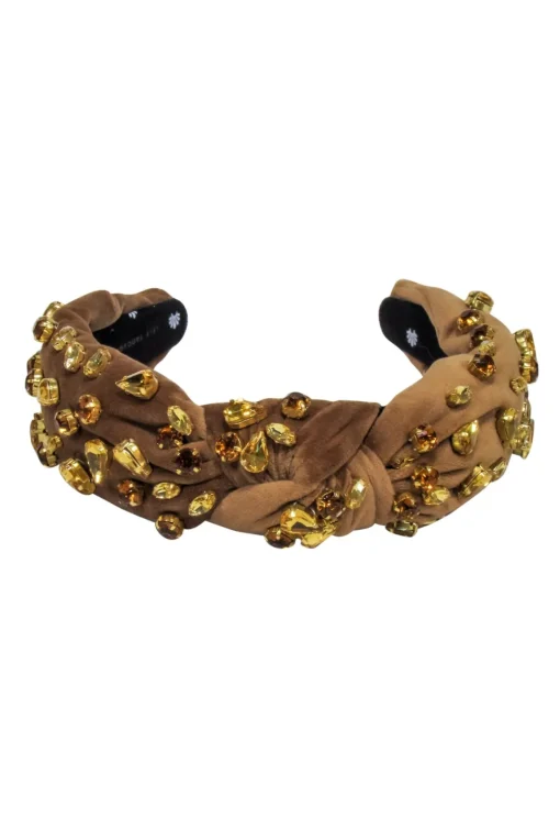 Lele Sadoughi - Brown Velour Knot Front Headband w/ Jewel Embellishments