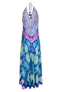 Lilly Pulitzer - Blue & Pink Multi Color Print Halter Maxi Dress Sz M