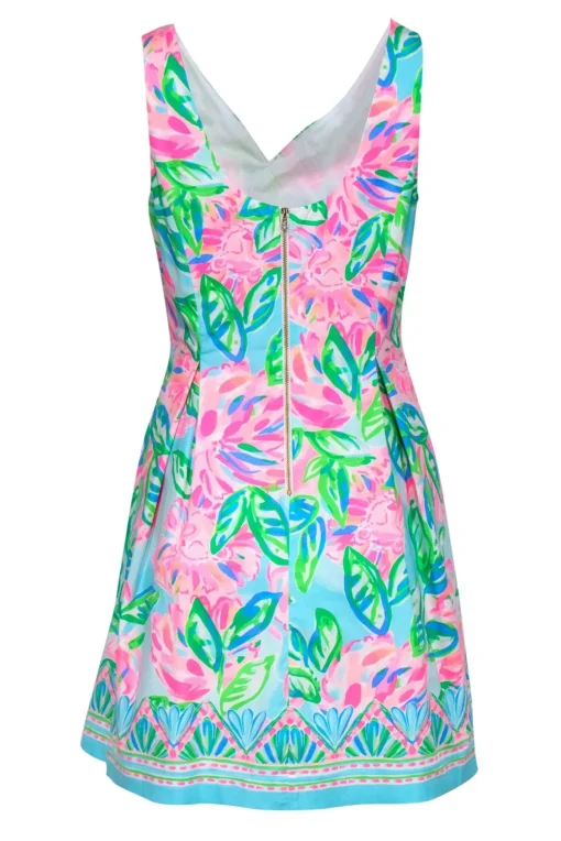 Lilly Pulitzer - Blue, Green & Pink Floral Print A-Line "Linett" Dress Sz 8
