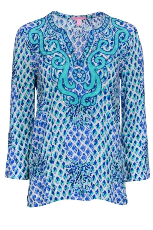 Lilly Pulitzer - Blue Printed Peasant Blouse w/ Sequins Sz XS