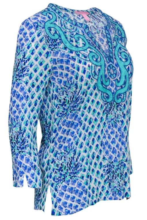 Lilly Pulitzer - Blue Printed Peasant Blouse w/ Sequins Sz XS