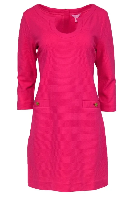 Lilly Pulitzer - Bright Hot Pink Ribbed Cropped-Sleeve Dress Sz L