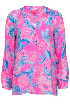 Lilly Pulitzer - Bright Pink & Blue Floral Silk Peasant Blouse Sz XS