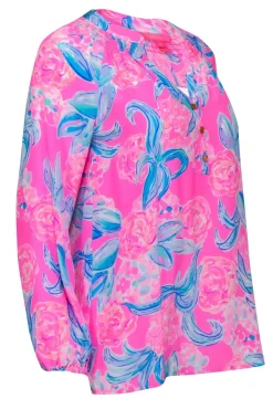 Lilly Pulitzer - Bright Pink & Blue Floral Silk Peasant Blouse Sz XS