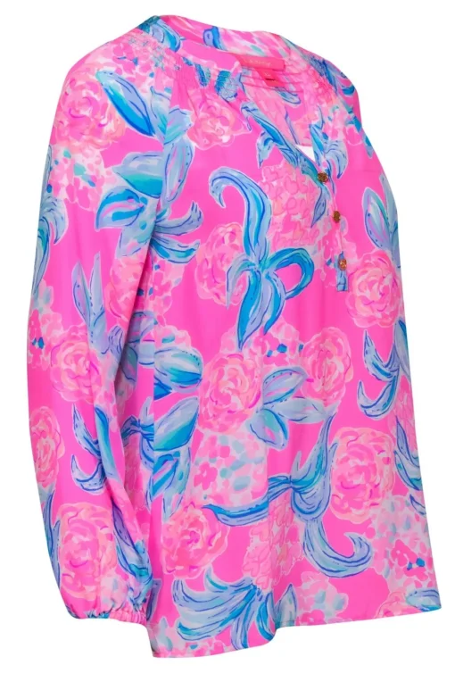 Lilly Pulitzer - Bright Pink & Blue Floral Silk Peasant Blouse Sz XS