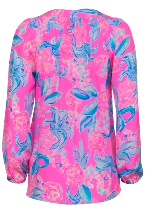 Lilly Pulitzer - Bright Pink & Blue Floral Silk Peasant Blouse Sz XS