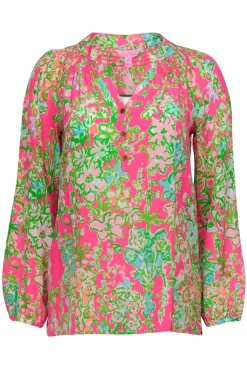 Lilly Pulitzer - Green & Pink Floral Printed Silk Blouse Sz XS