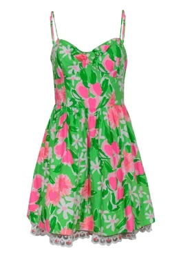 Lilly Pulitzer - Green & Pink Floral Cotton Knotted Bust Dress Sz 8