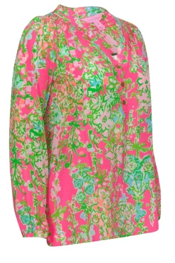 Lilly Pulitzer - Green & Pink Floral Printed Silk Blouse Sz XS
