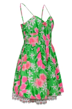 Lilly Pulitzer - Green & Pink Floral Cotton Knotted Bust Dress Sz 8