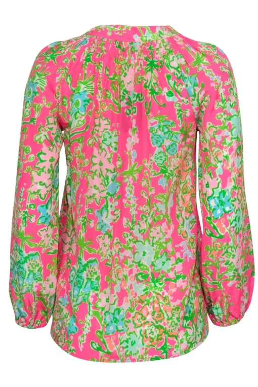Lilly Pulitzer - Green & Pink Floral Printed Silk Blouse Sz XS