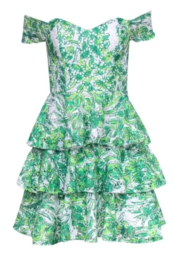 Lilly Pulitzer - Green & White Leaf Print Eyelet Mini Dress w/ Ruffles Sz 00