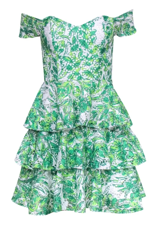 Lilly Pulitzer - Green & White Leaf Print Eyelet Mini Dress w/ Ruffles Sz 00