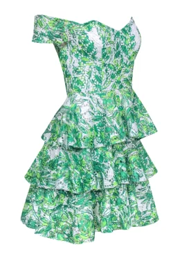 Lilly Pulitzer - Green & White Leaf Print Eyelet Mini Dress w/ Ruffles Sz 00