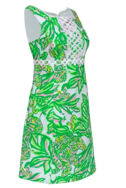 Lilly Pulitzer - Green & White Floral Print Cotton Sheath Dress Sz 12