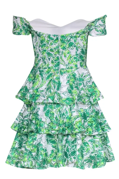 Lilly Pulitzer - Green & White Leaf Print Eyelet Mini Dress w/ Ruffles Sz 00