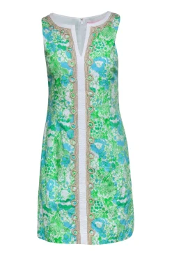 Lilly Pulitzer - Green, White & Blue Jungle Print "Janice" Shift Dress w/ Gold Embroidery Sz 4