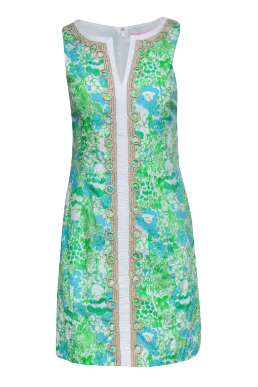 Lilly Pulitzer - Green, White & Blue Jungle Print "Janice" Shift Dress w/ Gold Embroidery Sz 4