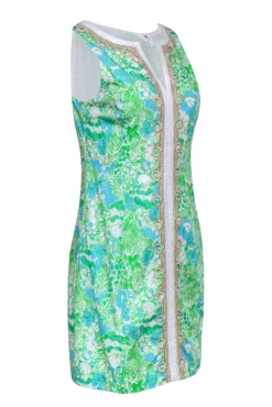 Lilly Pulitzer - Green, White & Blue Jungle Print "Janice" Shift Dress w/ Gold Embroidery Sz 4