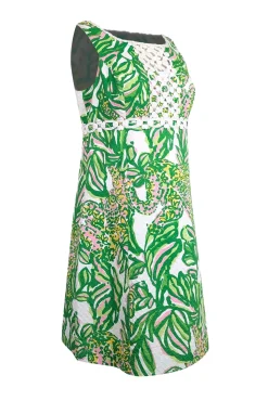 Lilly Pulitzer - Green, White, & Pink Printed Dobby Dress w/ Embroidery Sz 8