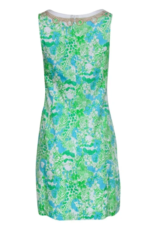 Lilly Pulitzer - Green, White & Blue Jungle Print "Janice" Shift Dress w/ Gold Embroidery Sz 4