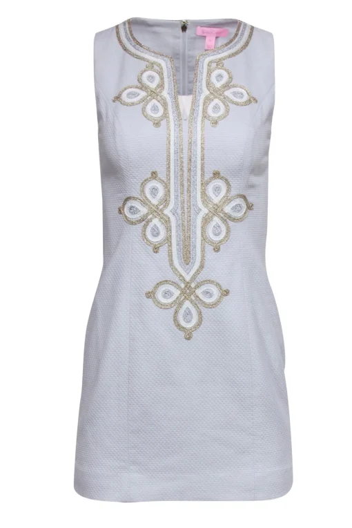 Lilly Pulitzer - Grey Cotton Sheath Dress w/ Metallic Embroidery Sz 00