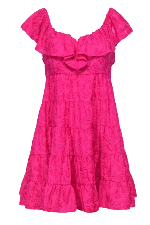 Lilly Pulitzer - Hot Pink Fuzzy Textured Tiered Shift Dress w/ Ruffles Sz 2