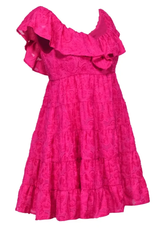 Lilly Pulitzer - Hot Pink Fuzzy Textured Tiered Shift Dress w/ Ruffles Sz 2