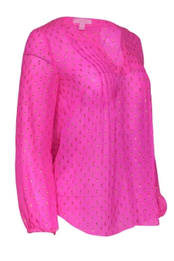 Lilly Pulitzer - Hot Pink & Gold Metallic Silk Blouse Sz XS