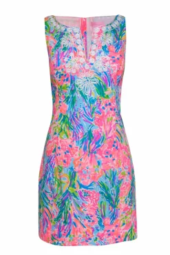 Lilly Pulitzer - Multicolor Neon Coral Printed Shift Dress w/ Embroidered Front Sz 10