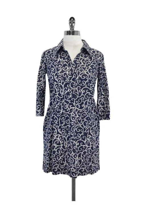 Lilly Pulitzer - Navy & White Print Cotton Shirt Dress Sz 0