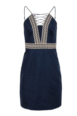 Lilly Pulitzer - Navy Textured Cotton High-Neck "Trista" Shift Dress w/ Gold-Embroidery Sz 2
