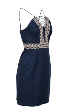 Lilly Pulitzer - Navy Textured Cotton High-Neck "Trista" Shift Dress w/ Gold-Embroidery Sz 2