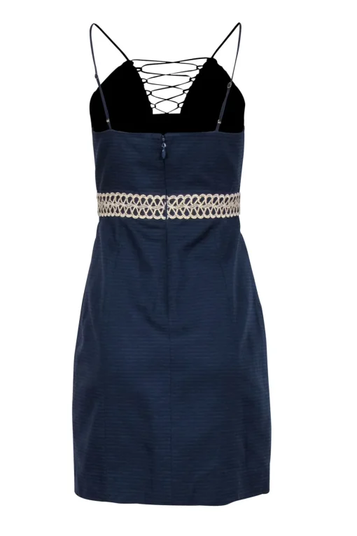 Lilly Pulitzer - Navy Textured Cotton High-Neck "Trista" Shift Dress w/ Gold-Embroidery Sz 2