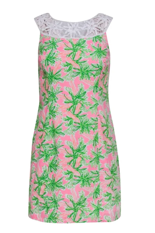 Lilly Pulitzer - Neon Pink & Green Garden Print Dress w/ Lace Details Sz 4