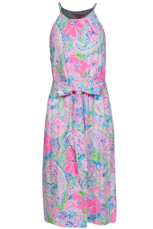 Lilly Pulitzer - Neon Pink & Multicolor Floral Print Belted “Marry” Midi Dress Sz M