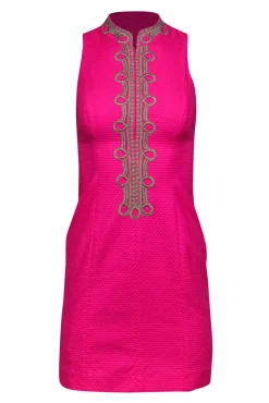 Lilly Pulitzer - Neon Pink Textured Sleeveless Shift Dress w/ Gold Embroidery Sz 00