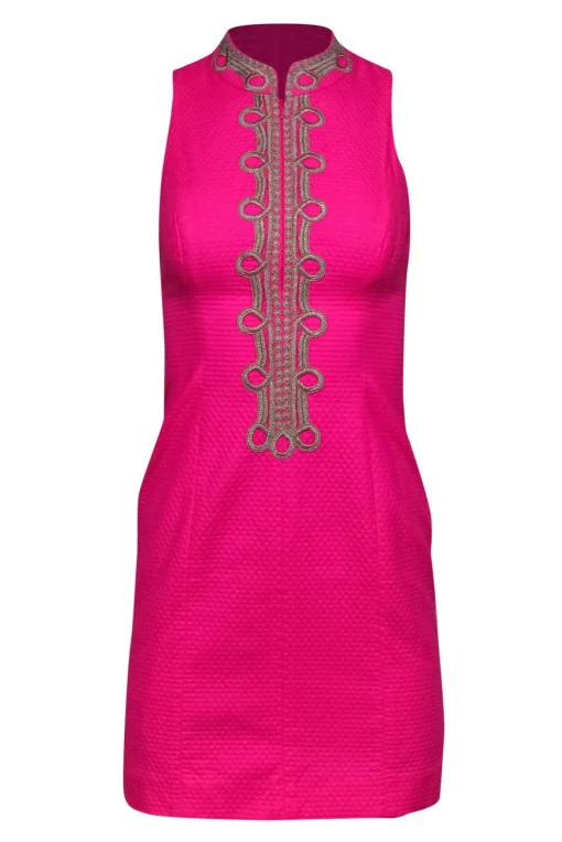 Lilly Pulitzer - Neon Pink Textured Sleeveless Shift Dress w/ Gold Embroidery Sz 00