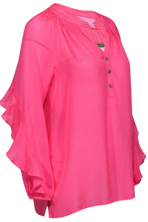 Lilly Pulitzer - Neon Pink Silk Peasant Top w/ Ruffles Sz S