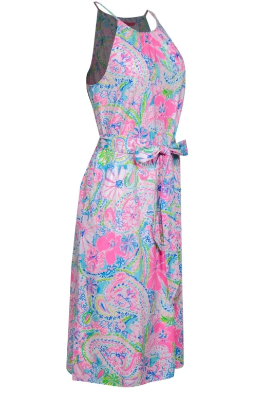 Lilly Pulitzer - Neon Pink & Multicolor Floral Print Belted “Marry” Midi Dress Sz M