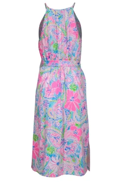 Lilly Pulitzer - Neon Pink & Multicolor Floral Print Belted “Marry” Midi Dress Sz M