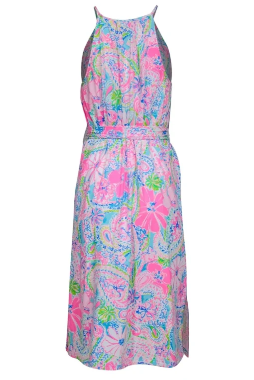 Lilly Pulitzer - Neon Pink & Multicolor Floral Print Belted “Marry” Midi Dress Sz M