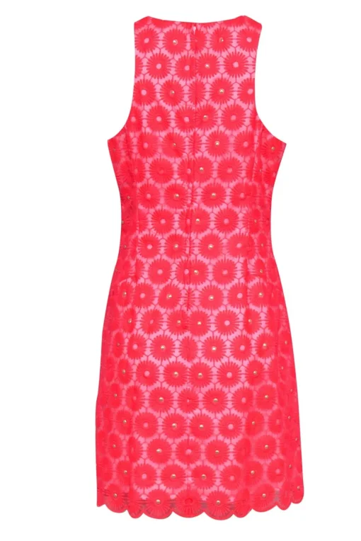 Lilly Pulitzer - Neon Pink Floral Embroidered Sleeveless Dress w/ Pearls Sz 10