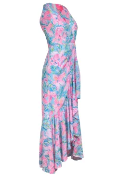 Lilly Pulitzer - Pink & Aqua Blue Print Sleeveless Maxi Dress Sz 00