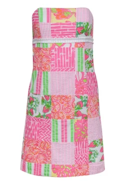 Lilly Pulitzer - Pink & Green Mixed Fruit Patchwork Cotton Strapless Dress Sz 2
