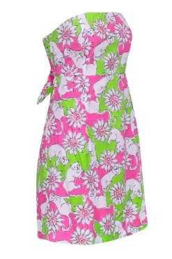 Lilly Pulitzer - Pink & Green Strapless Dress w/ Leopardsr Detail Sz 8